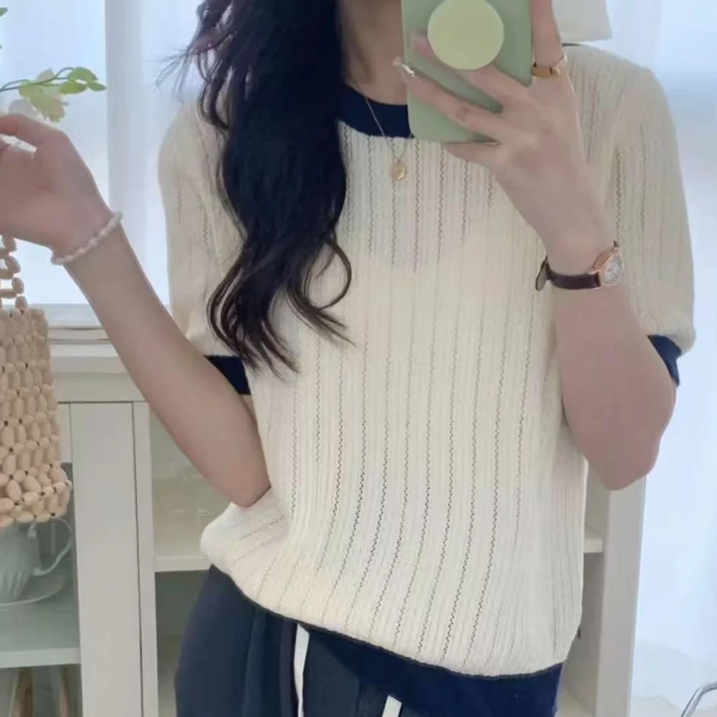 小香风设计镂空撞色针织短袖t恤女春夏季薄款学院风复古别致上衣