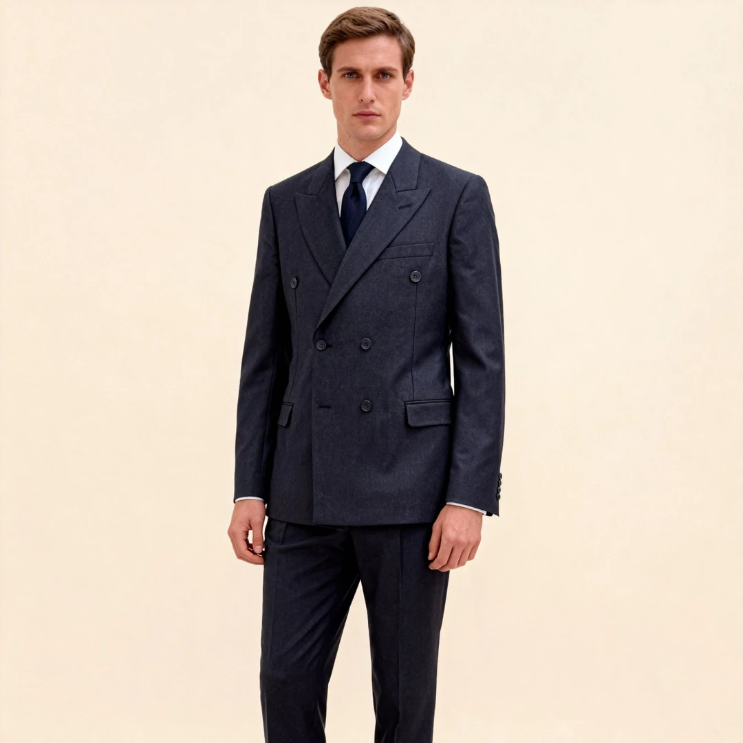 高级感拉满！藏青双排扣商务西装套装男