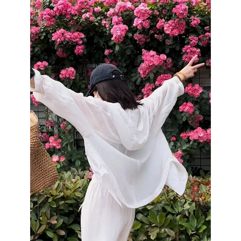 夏季新款天丝苎麻连帽防晒衫开衫宽松显瘦立裁纸片人薄外套空调衫