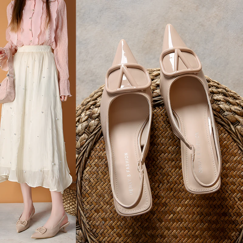 裸色气质尖头V扣斩男细跟高跟鞋女2025年春季后空包头凉鞋仙女风