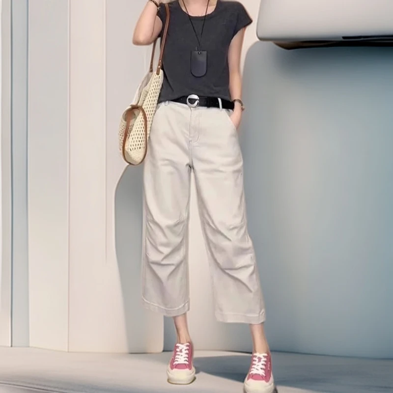韩式白色牛仔裤八分裤夏季女款2025新款高腰显瘦小个子宽松直筒裤