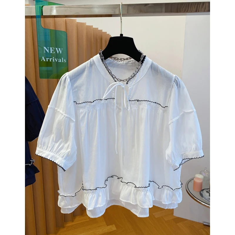 白色设计感木耳荷叶边衬衫女短袖2025新款夏季宽松时尚娃娃衫上衣