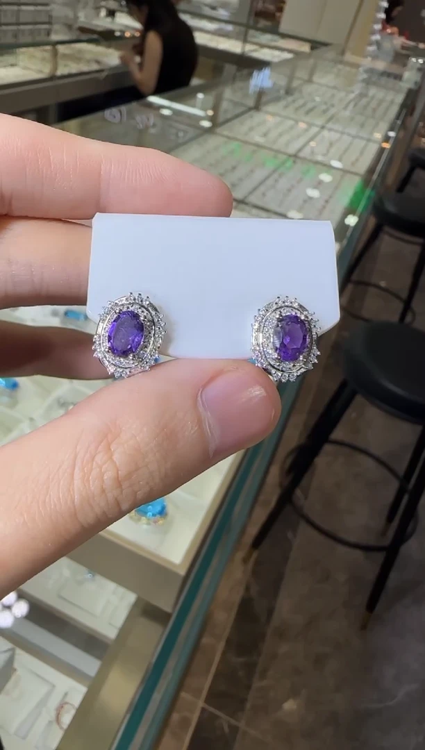 银S925镶嵌耳饰紫晶5*7mm耳钉