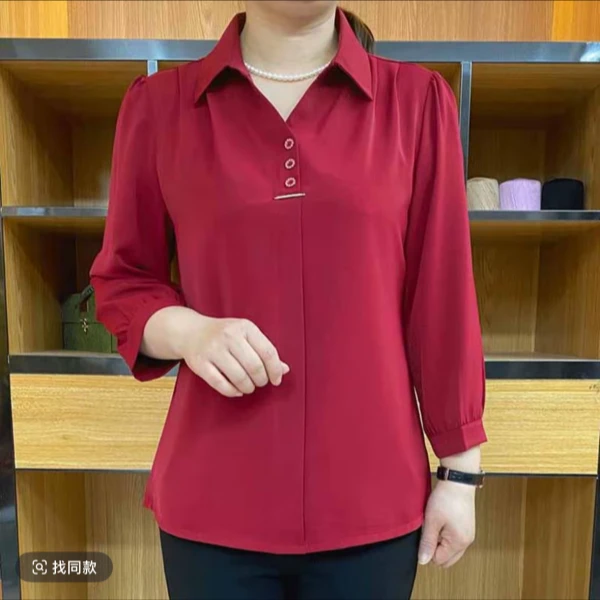25新款八分袖纯色小方领显瘦洋气气质百搭中老年女装衬衫领妈妈装