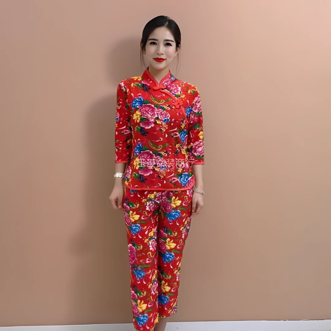 经典牡丹花时尚套装春夏民族风妈妈装中袖旗袍上衣洋气显瘦两件套