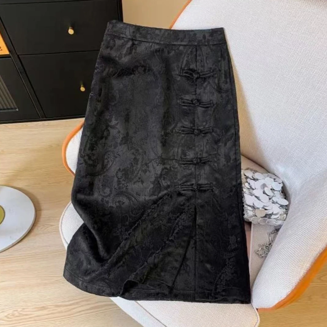 174风复古提花设计感包臀裙盘扣开叉高腰气质显瘦a字裙