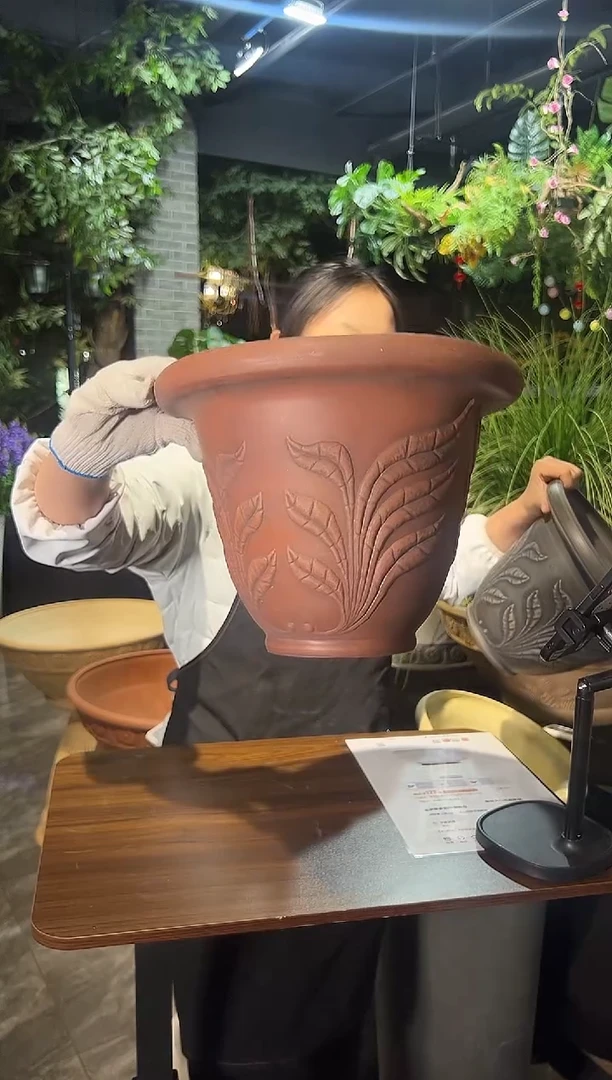 30*22.5/09D30/陶土色浮雕叶子大花盆外贸尾单