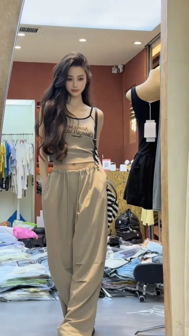 美式辣妹字母印花吊带背心女2025夏季新款休闲工装裤阔腿裤两件套