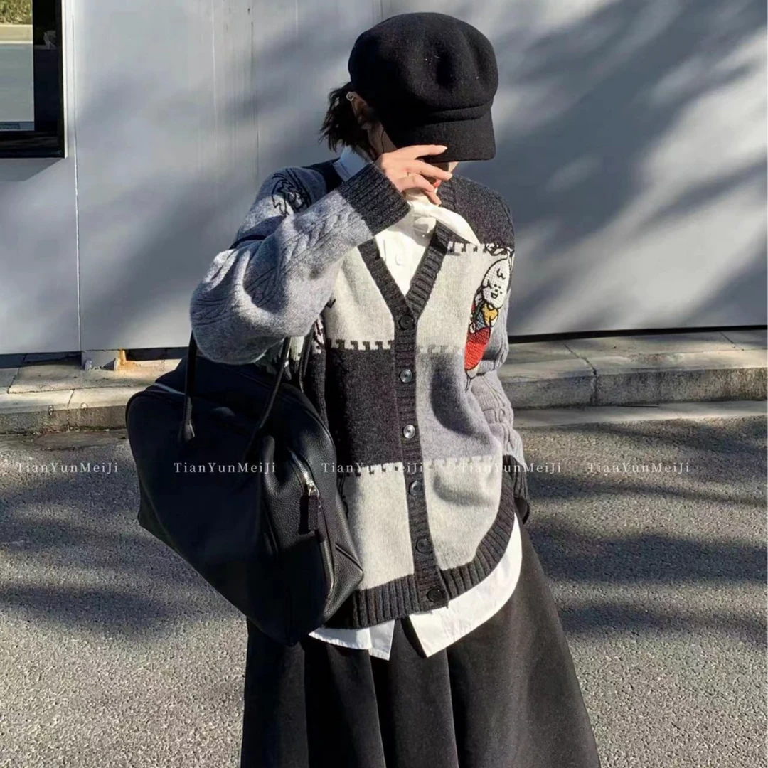 【no退no换 谨慎下单】V领撞色樱桃卡通提花针织开衫 J243977