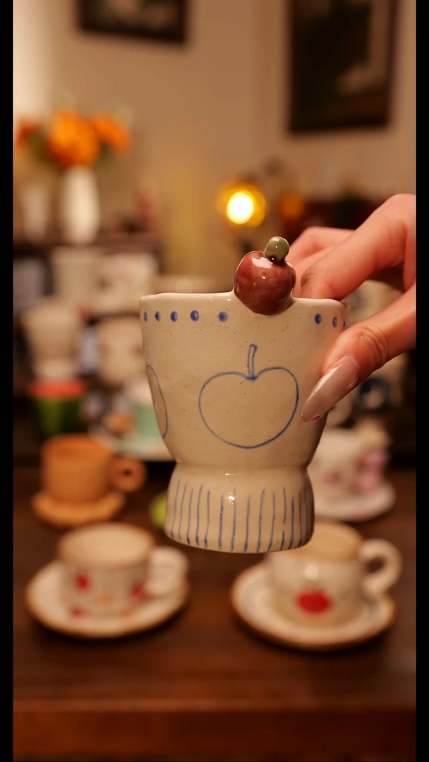 陶便携款粗陶磨砂小苹果手作   手绘釉下彩