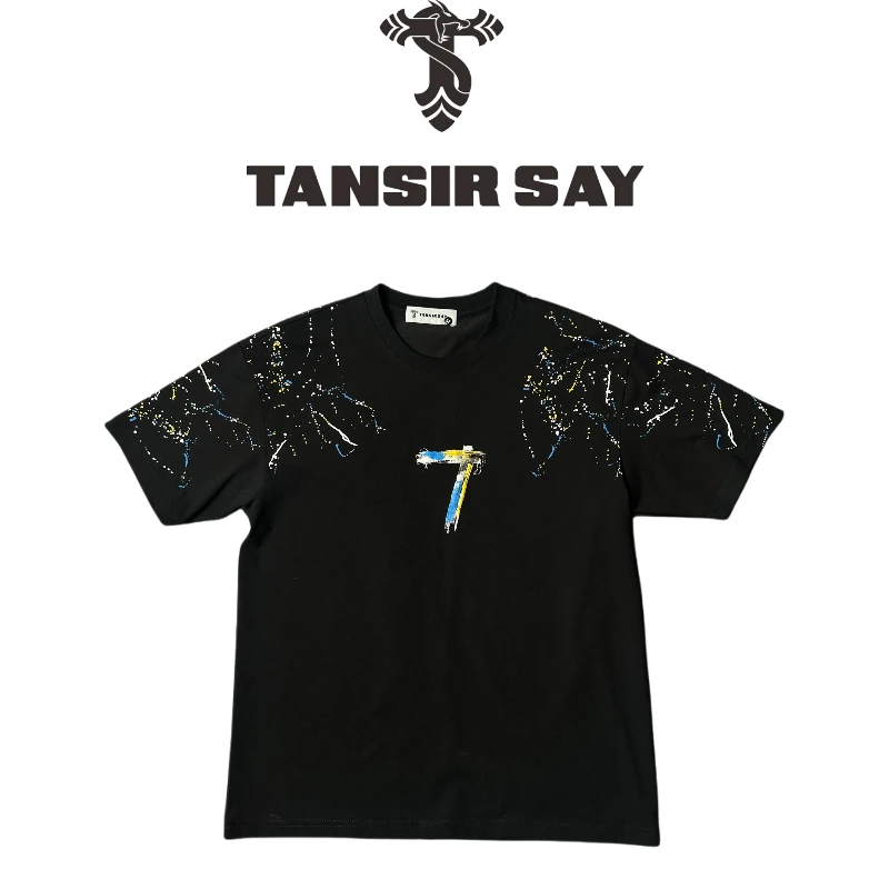 设计师品牌彩色绒面印花春夏小众短袖t恤黑色宽松男士圆领轻奢