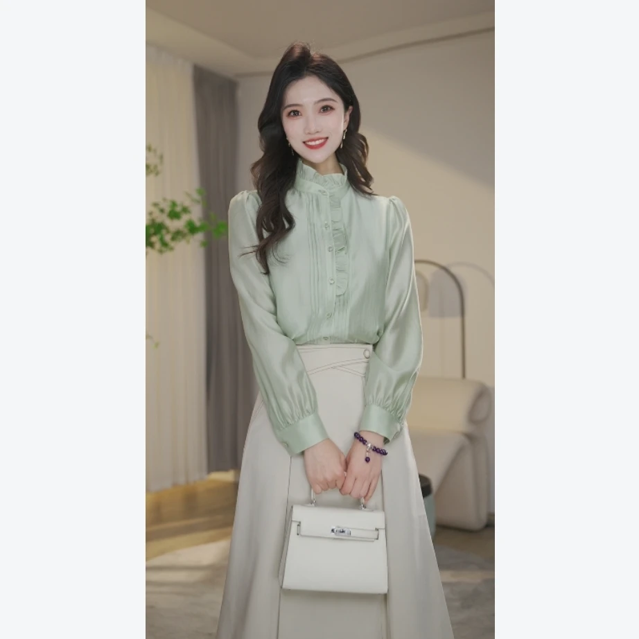 【婷婷甄选】欧若风2025新春衬衫女长袖8591095A薄荷绿法式气质衬衣