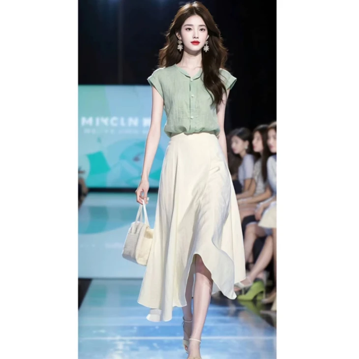 小个子穿搭一整套韩系时尚休闲通勤薄荷漫波风飞飞袖衬衫套装裙夏