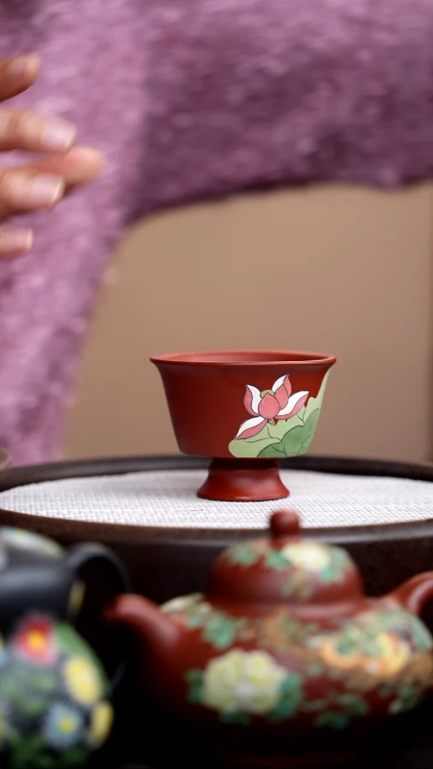 茶壶紫砂朱泥荷花高脚杯矮
