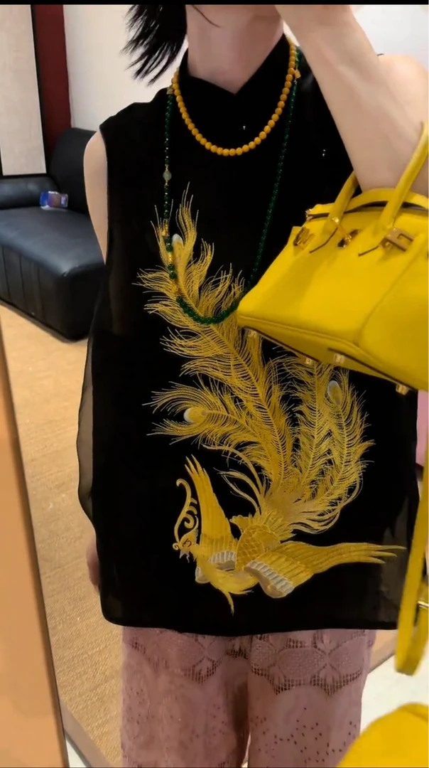 李豆儿 小众定制 新中式凤凰刺绣盘扣斜襟桑蚕丝上衣