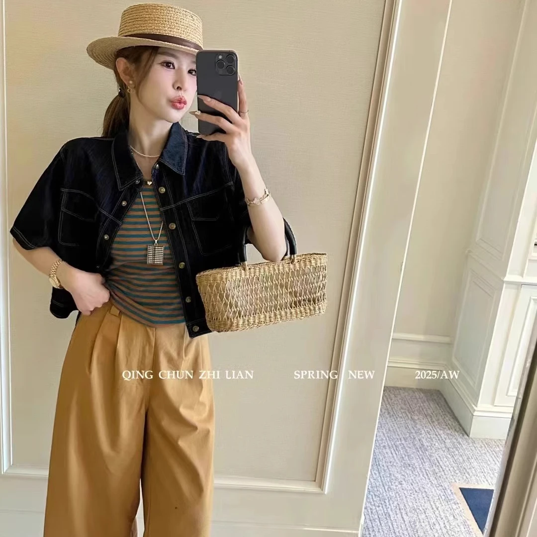 条纹吊带背心短袖牛仔衣短外套高腰直筒裤休闲套装女夏三件套