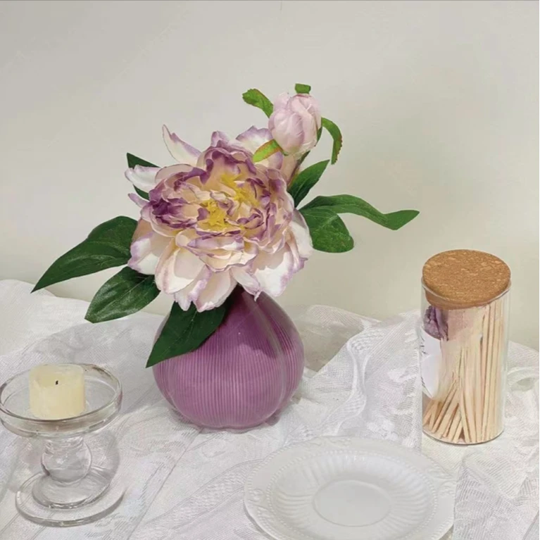 紫色牡丹花仿真花客厅餐桌装饰床头柜高级感陶瓷摆件家居摆件假花