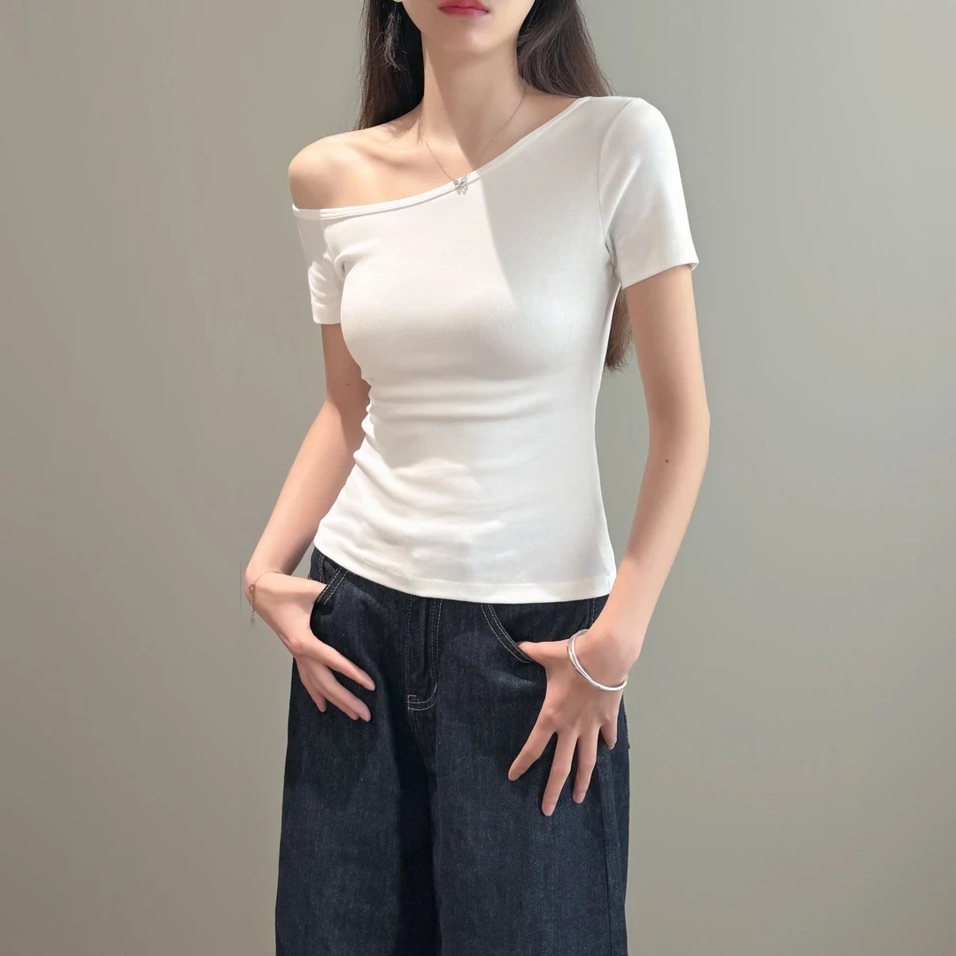 斜领一字肩短袖T恤女夏季设计感露肩上衣修身洋气显瘦小众纯欲风