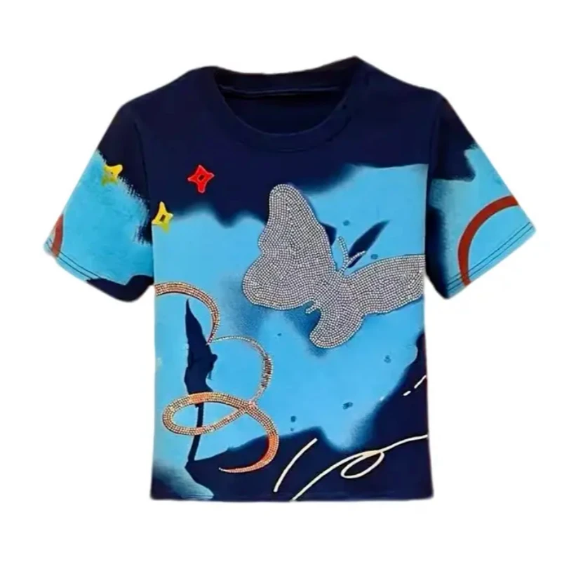 【撞色烫钻蝴蝶】2025夏季新款短袖设计感时尚休闲女士百搭品质上衣