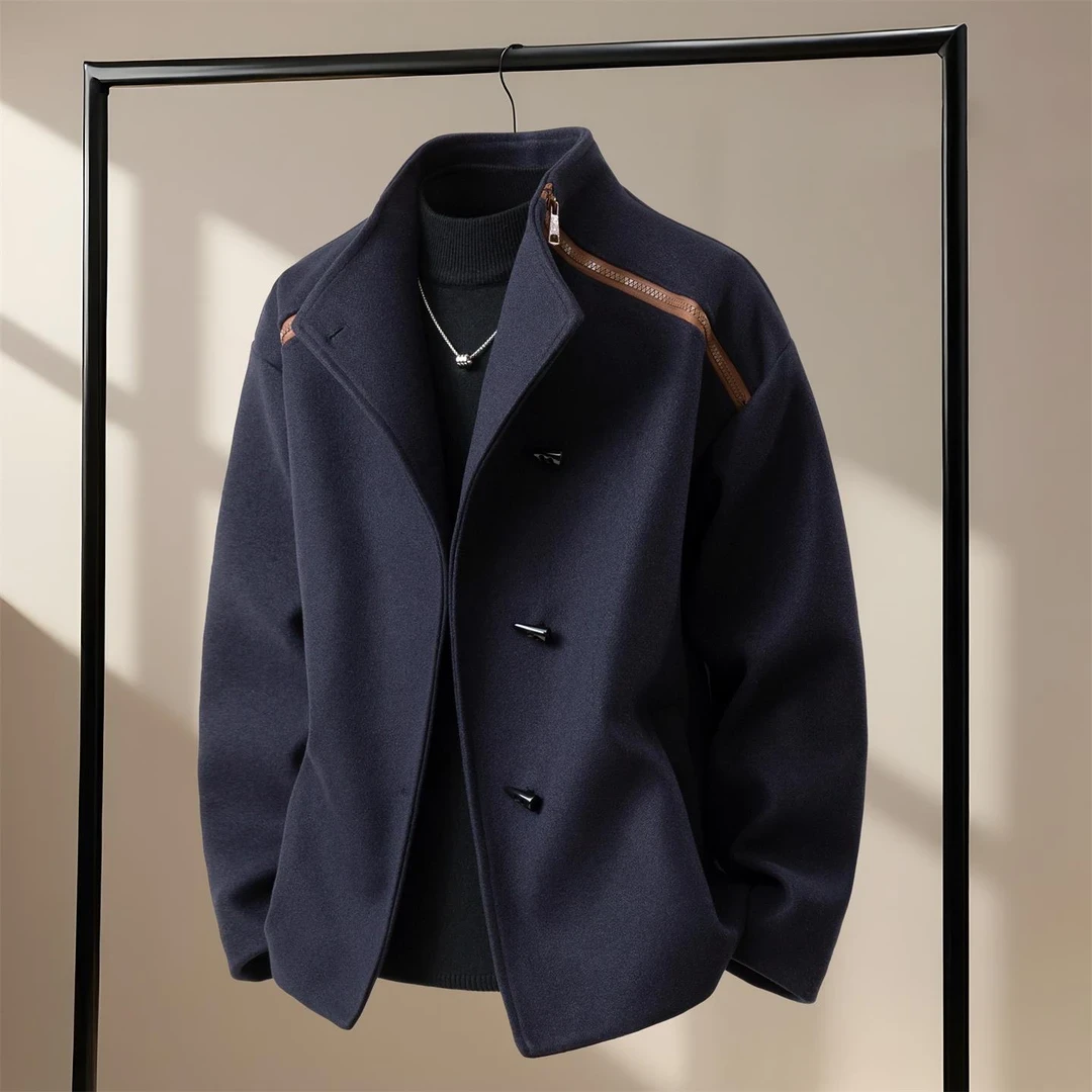 毛呢男牛角扣潮流毛呢大衣高级感外套立领冬季时尚加棉加厚棉服