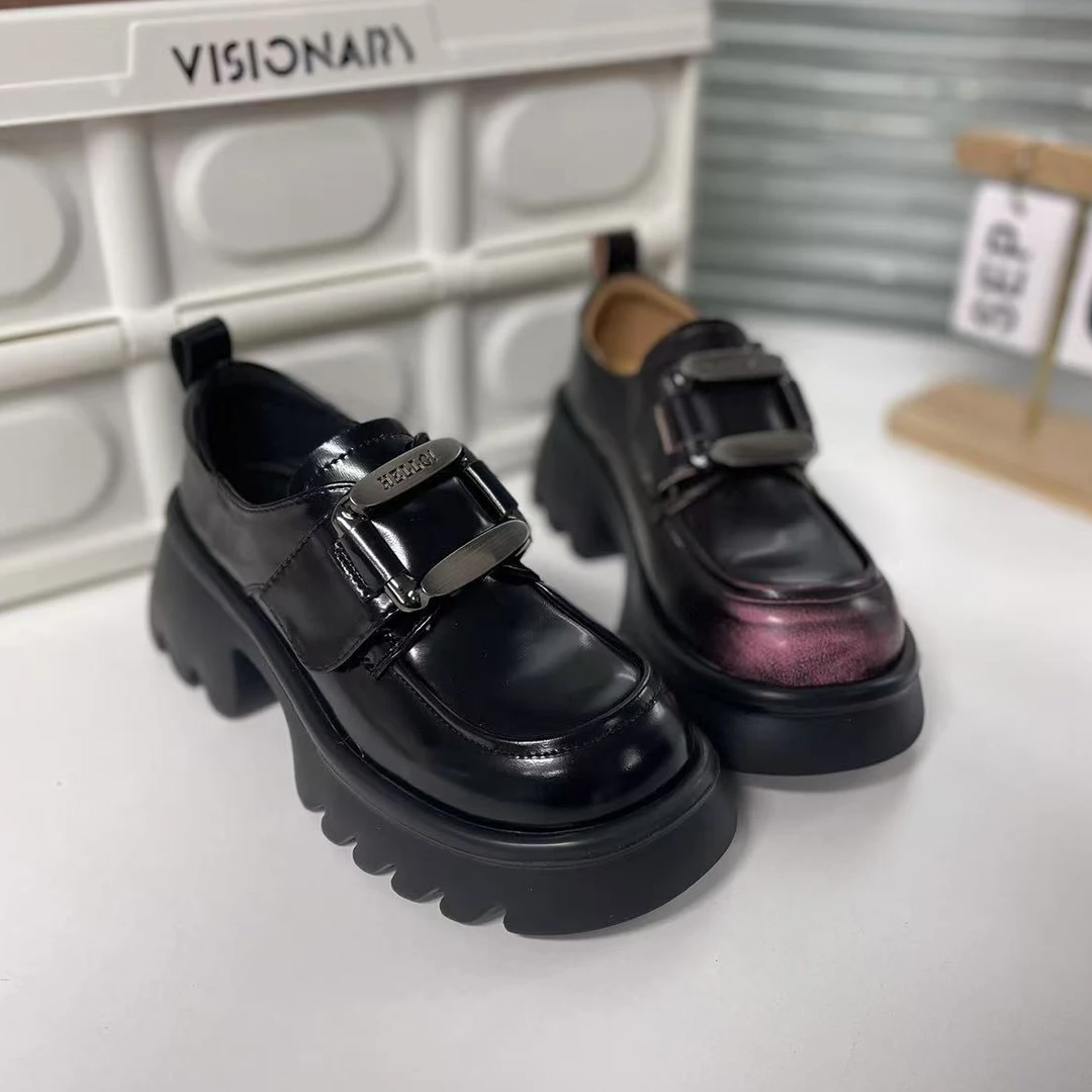 欧洲站女鞋2025年春季新款英伦风深口小皮鞋厚底粗跟系带增高单鞋