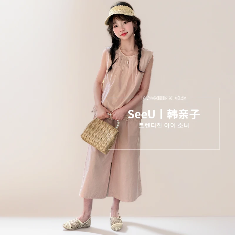 女童夏装套装2025新款洋气女孩夏季无袖背心七分阔腿裤套装