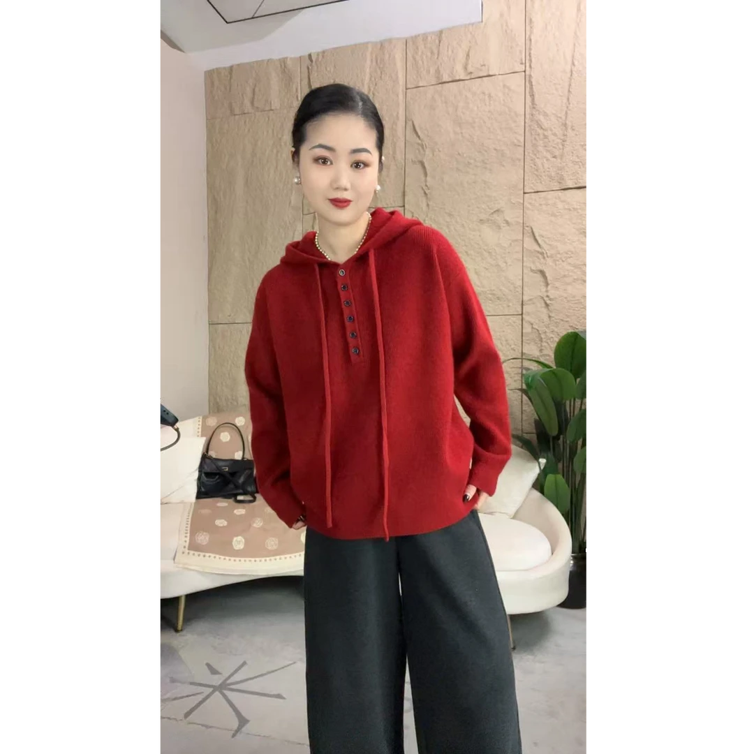 连帽纽扣-百搭显瘦减龄休闲针织毛衣（Y-51118款）