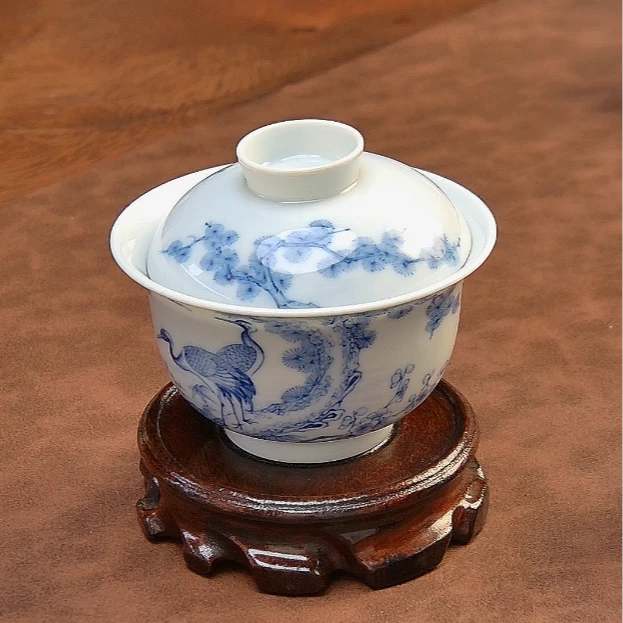 禾风窑松鹤青花盖碗