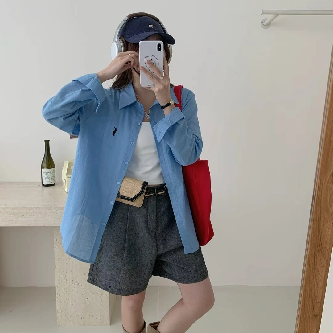 简约百搭长袖衬衣女春夏刺绣小马标衬衫宽松防晒外套多巴胺上衣