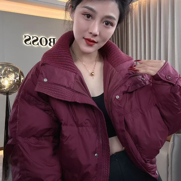 【耿老板2019#P】针织领设计时尚洋气短面包服安心绒白鸭绒羽绒服