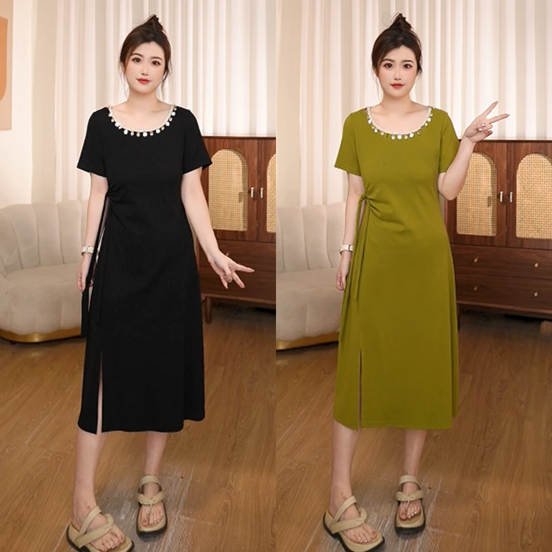 《哆啦》夏季圆领短袖大码女装开衩珠片收腰显瘦胖mm连衣裙25501