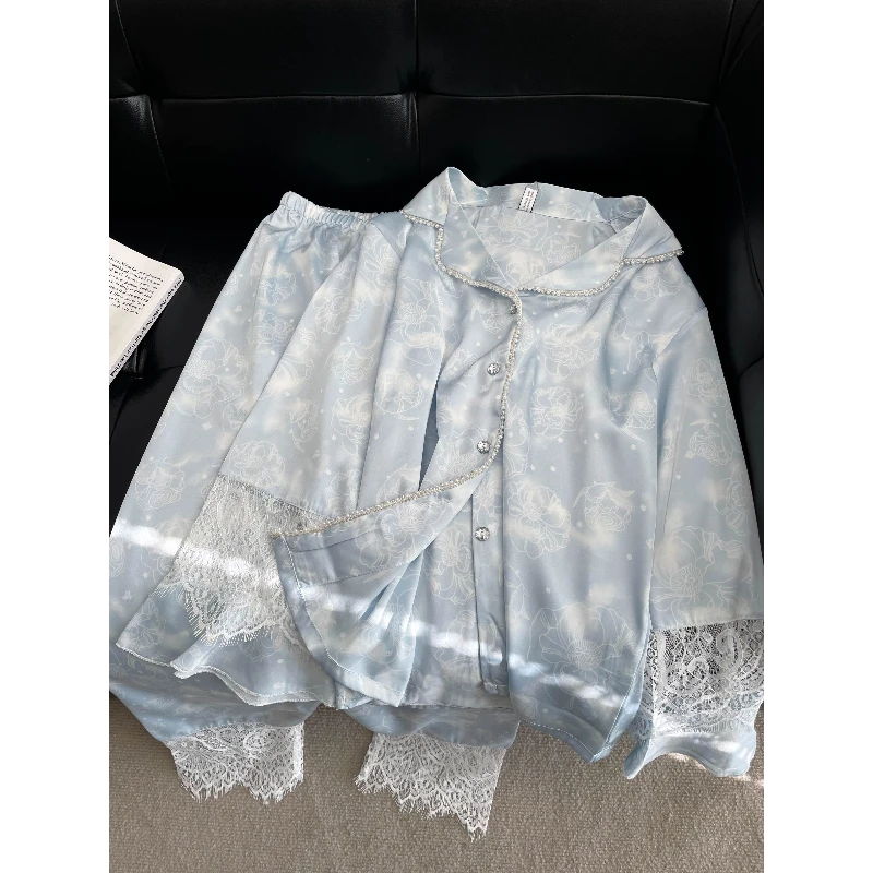 高级感轻奢蕾丝冰丝长袖睡衣女春秋2025新款开衫大码长裤家居套装