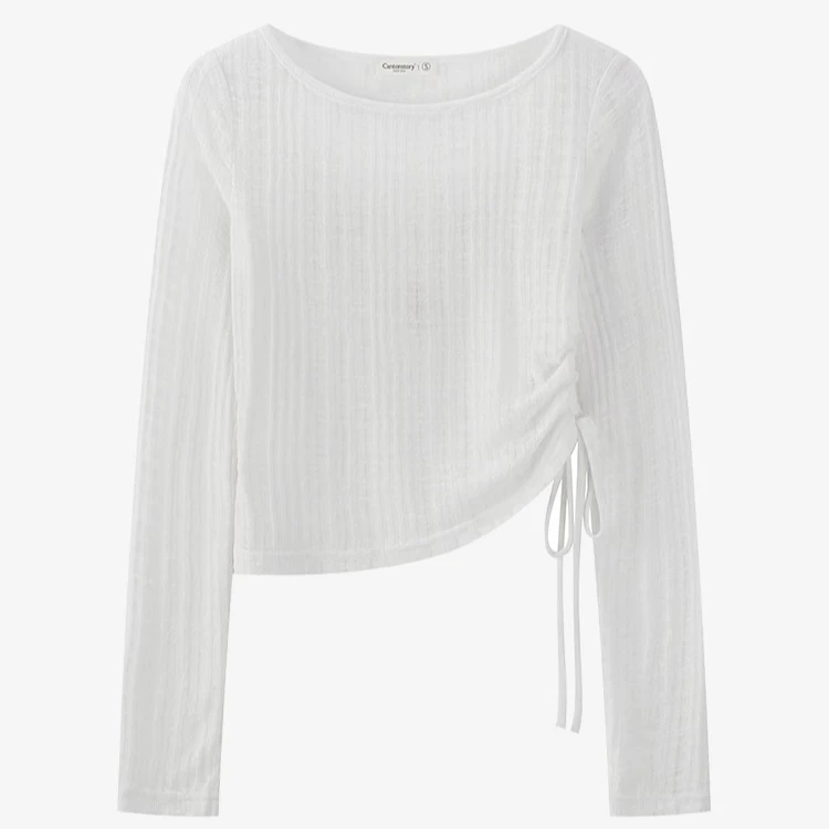 羊城故事【小5】白色简约肌理面料t恤女侧边抽皱显瘦上衣Y50248265