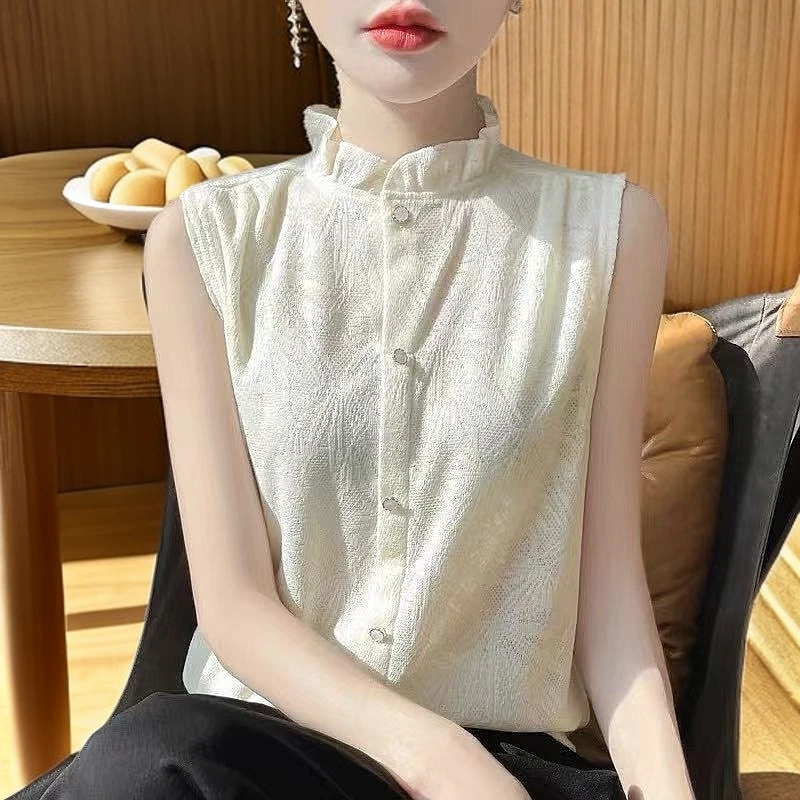 优雅木耳领无袖衬衫女~2025新款春季钩花叠穿气质百搭打底衫2511#