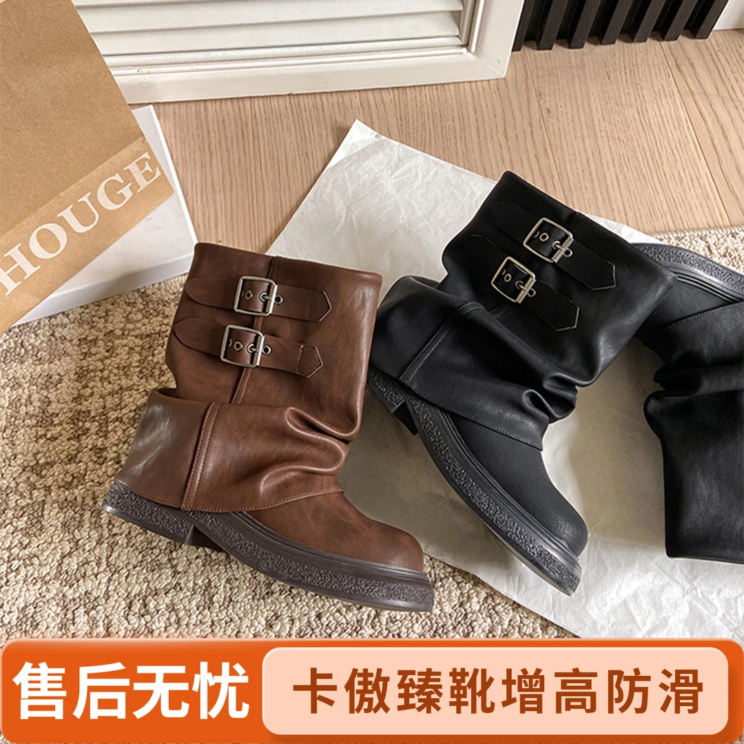 2025加绒新款女士暖冬美拉德风百搭冬季增高高跟短靴带褶皱设计凸