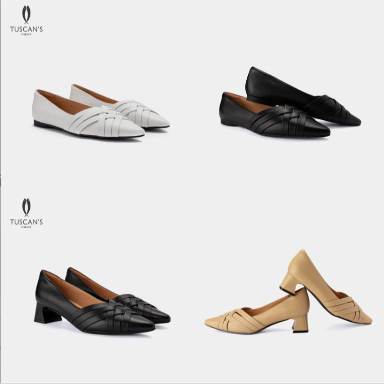 TUSCAN'S新款百搭尖头真皮编织气质设计款纯色女士平底高跟单鞋