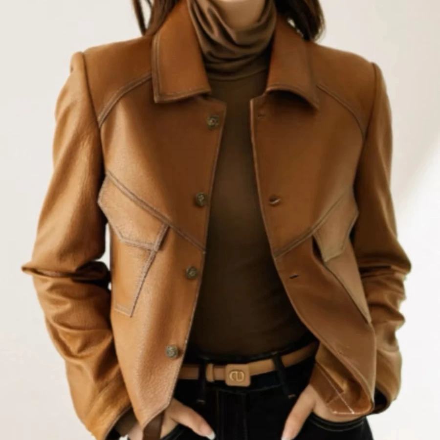 海宁绵羊款皮衣外套春秋新款女士洋气时尚短款复古气质经典BK16