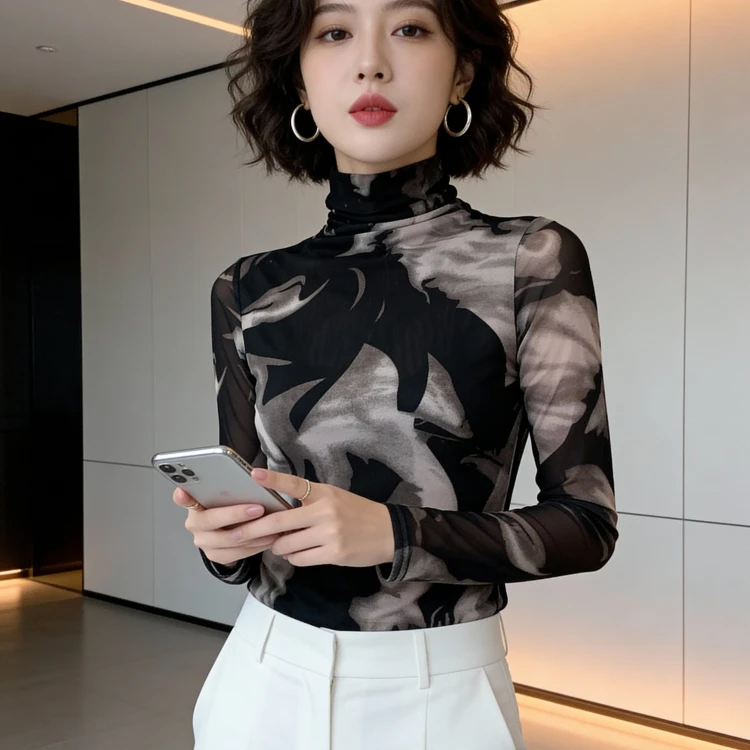 时髦精致网纱打底衫女人味气质上衣秋冬新款长袖内搭纱衣高领小衫