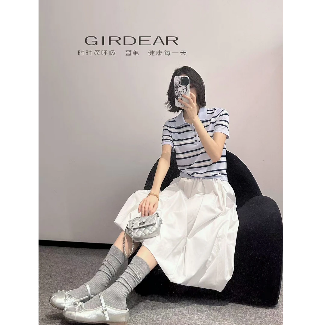 GIRDEAR/哥弟夏日冰丝针织T恤学院风撞色条纹Polo短袖138057