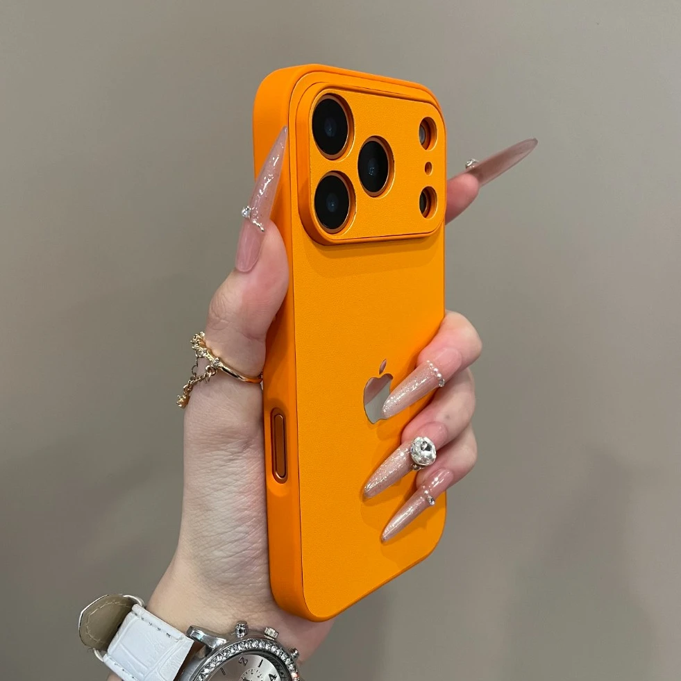 时尚新款纯色素皮纹大视窗适用iPhone17手机壳16pm秋冬15pro女14