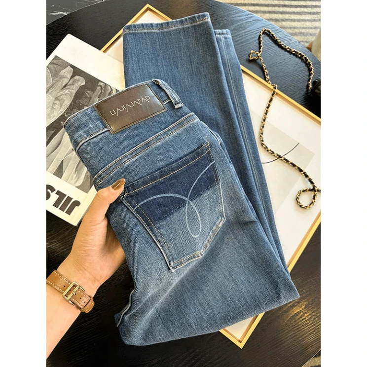 大码简约高腰直筒牛仔裤女秋季款梨形身材弹力遮胯显瘦九分烟管裤