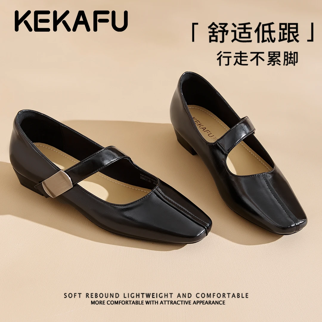 珂卡芙韩系小方头玛丽珍鞋女秋季新款软皮舒适魔术贴通勤粗跟单鞋