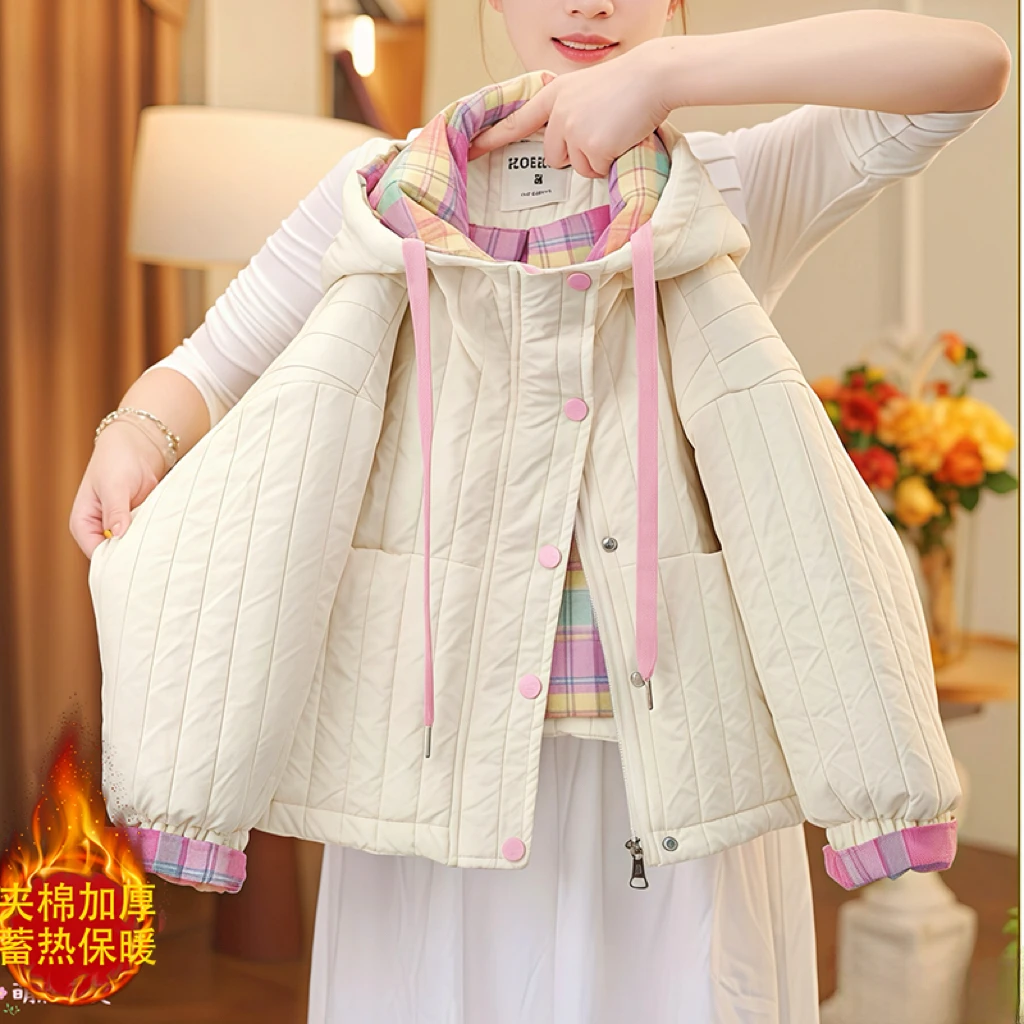 女童夹棉外套秋冬2025新款格子拼接连帽二棉棉服加厚假两件棉衣潮