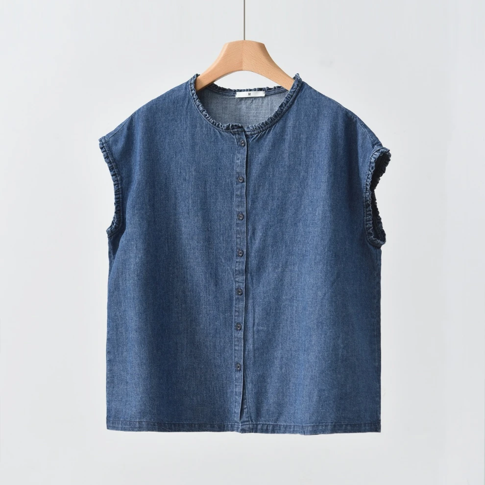 喜柿-【无袖衬衫】日单25新款文艺风无袖牛仔衬衫纯棉圆领ST21