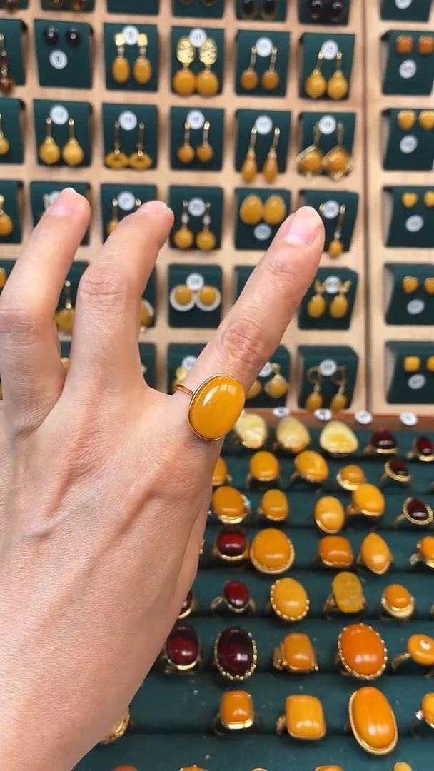 银S925镶嵌琥珀戒指精品蜜蜡戒指