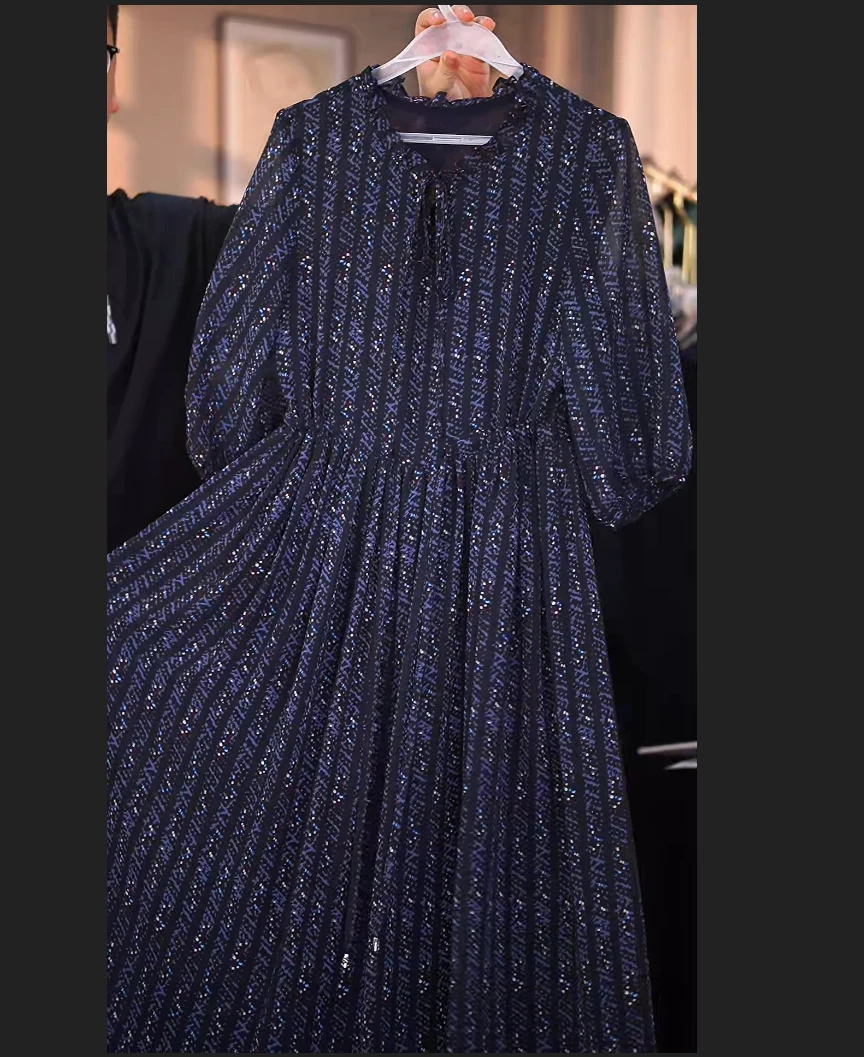 C183蓝色竖条格高定宽松连衣裙女装连衣裙显瘦长款