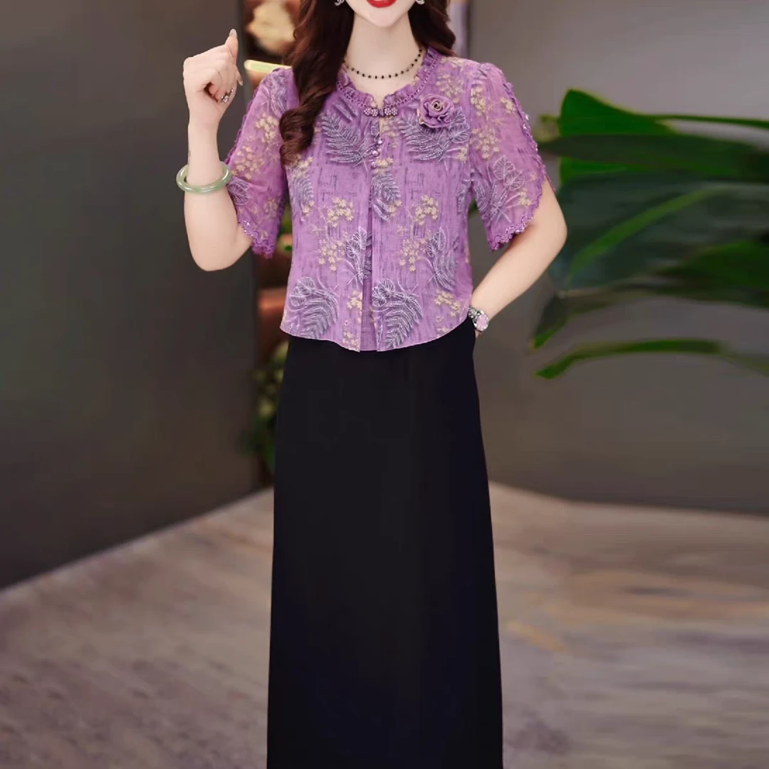 高级琉璃丝时尚洋气百搭碎花中长款礼服裙2025夏季新款显瘦连衣裙