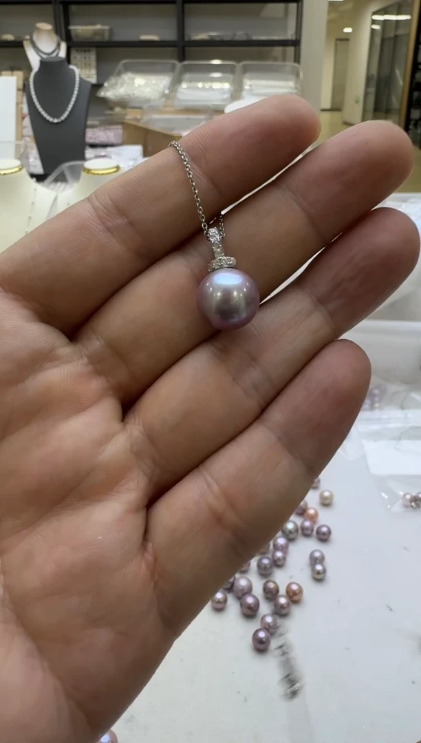 淡水珍珠银S925镶嵌吊坠(赠链)12-13mm 紫万能扣