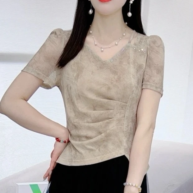 夏季新款水墨晕染2025法式时尚烫钻V领T恤新款别致洋气不规则上衣
