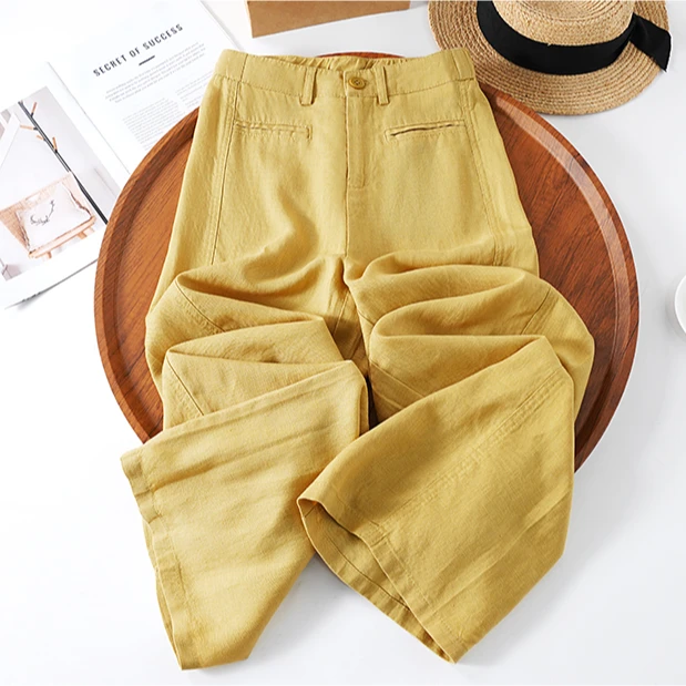 黄色天丝阔腿裤女2025新款夏季薄款高腰显瘦垂感亚麻裤休闲直筒裤